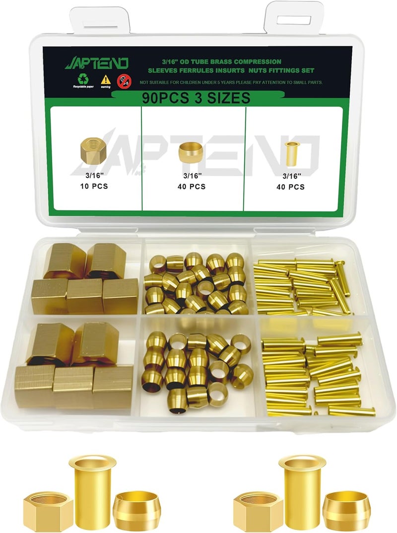 Japtend 90pcs 3/16" Brass Compression Sleeves Ferrules Inserts Nuts Fittings Assortment Kit, Air Hose Ferrules Kit of Air Water Fuel Oil Gas Tube Lines - Image 1